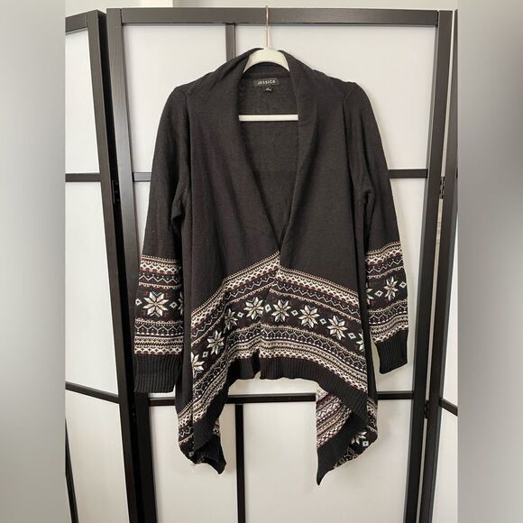 [L] Jessica Black Holiday Cardigan with Creme & Red Fair Isle Snowflake Print - Picture 1 of 10